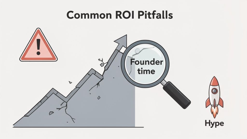 Illustration showing common ROI pitfalls, with a broken graph, 'Founder time' highlighted, a warning sign, and a 'Hype' rocket.