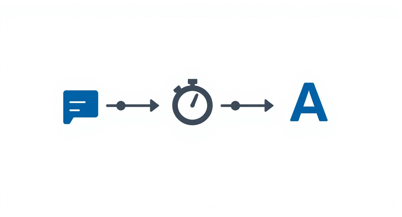 Workflow diagram showing message icon, stopwatch timer, and letter A connected by arrows representing presentation process