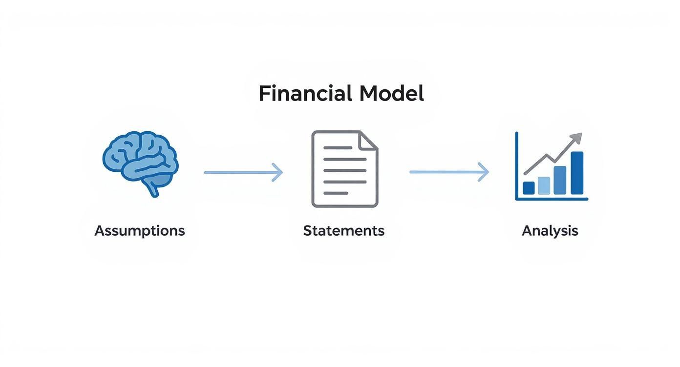 A diagram illustrating the financial model process: assumptions lead to statements, which lead to analysis.