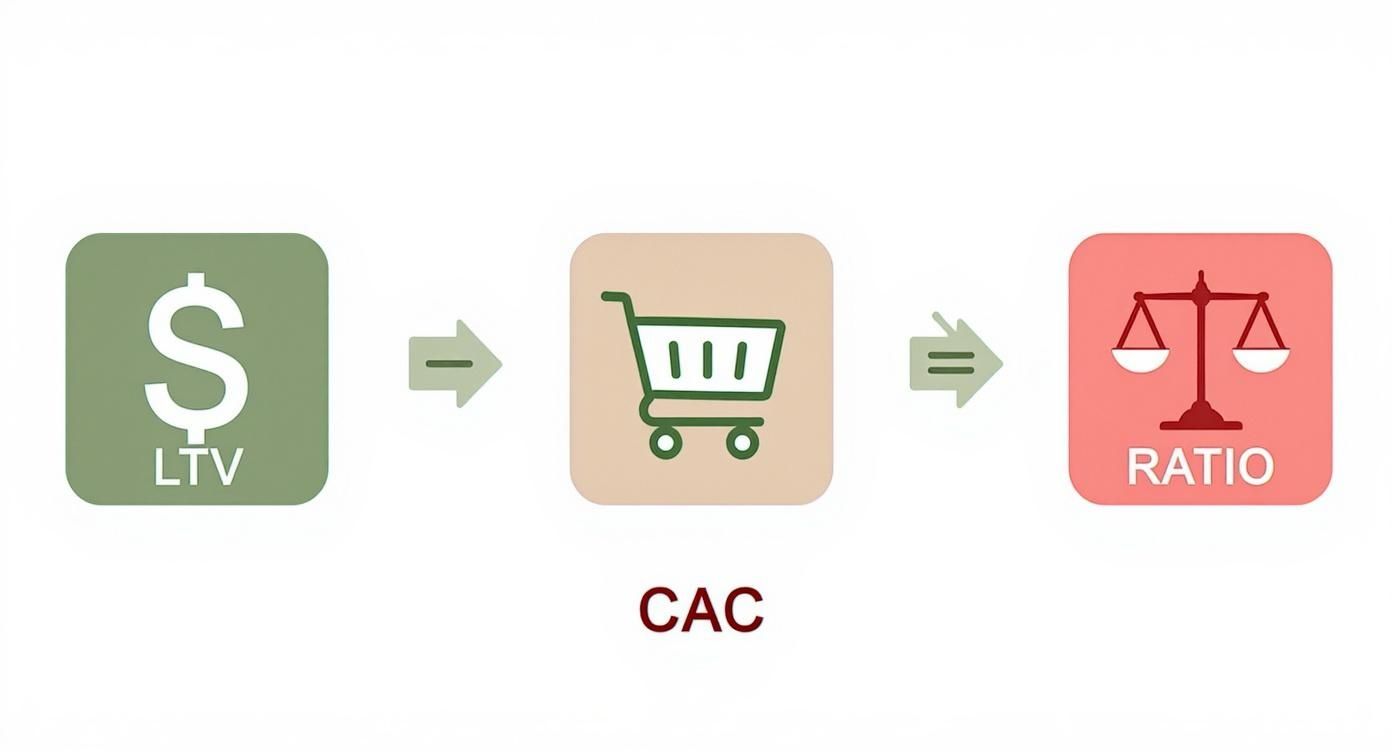 Customer acquisition cost calculation diagram showing lifetime value to purchase ratio formula visualization