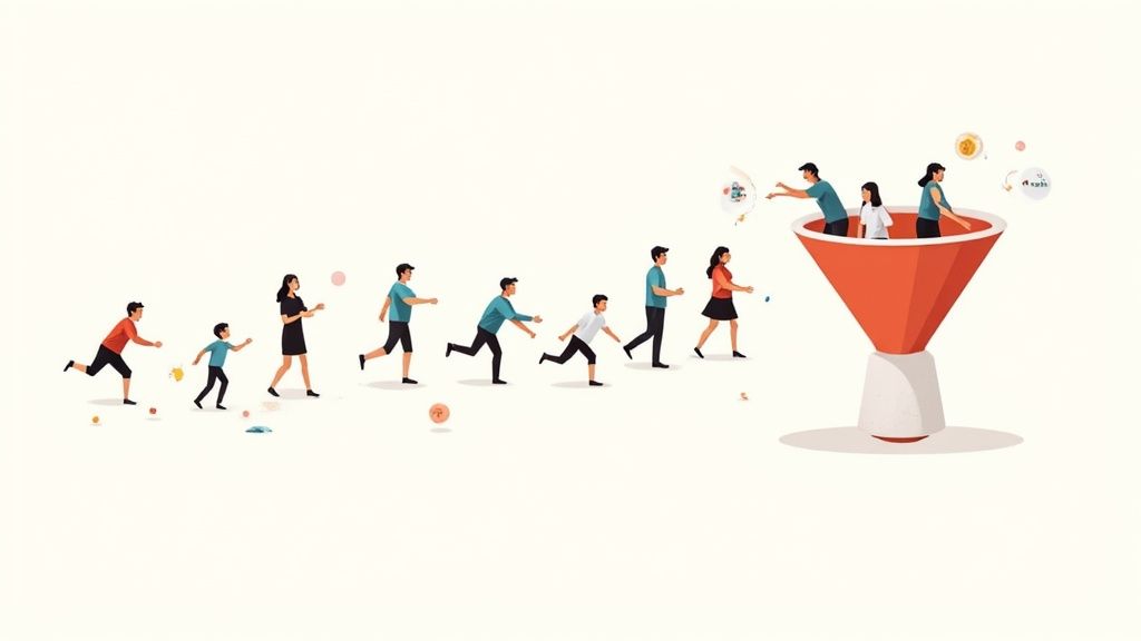 Marketing funnel illustration showing customer journey from leads to conversions with people climbing toward success