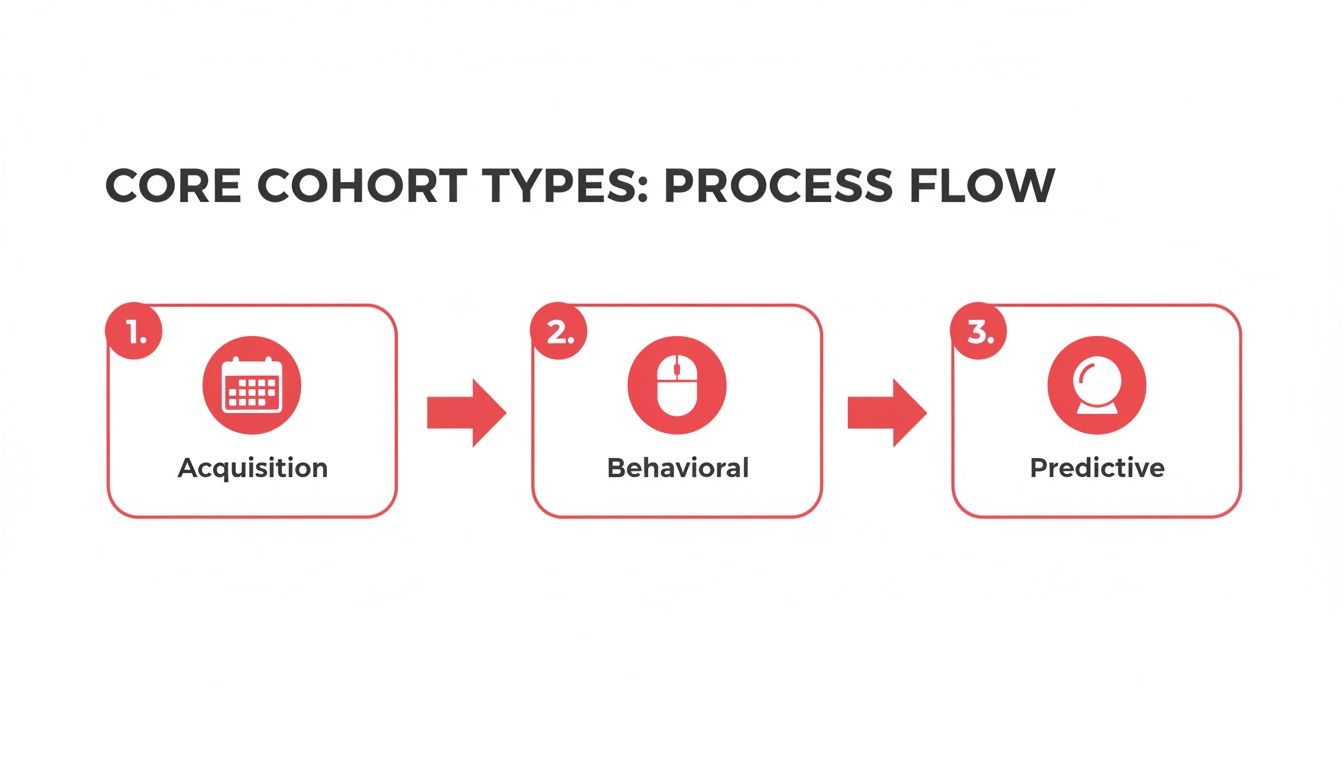 Infographic showing a process flow of three core cohort types: Acquisition, Behavioral, and Predictive.