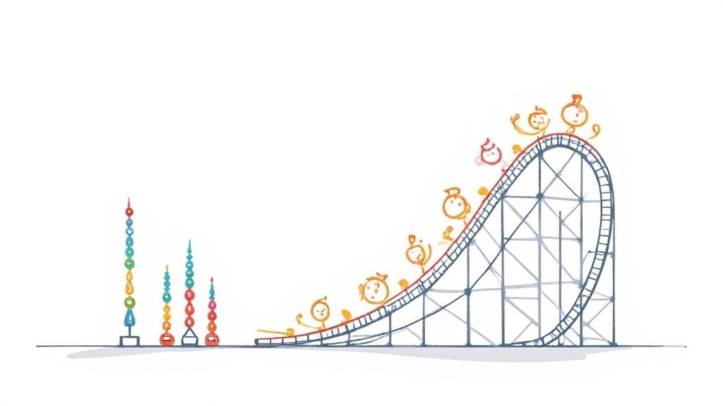 Illustration showing growth over time, with stick figures on a roller coaster and colorful stacked data.
