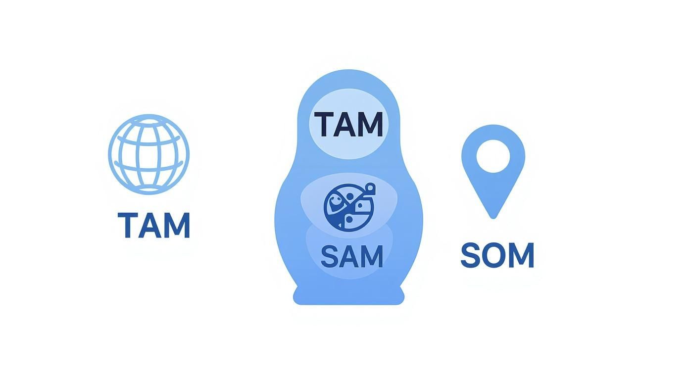 Infographic showing market sizing concepts: Total Addressable Market (TAM), Serviceable Available Market (SAM), and Serviceable Obtainable Market (SOM).