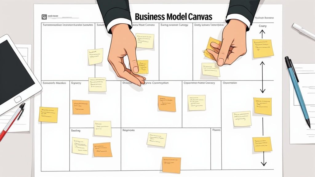 Hands placing sticky notes on a Business Model Canvas, showing strategic planning with a tablet and pens.