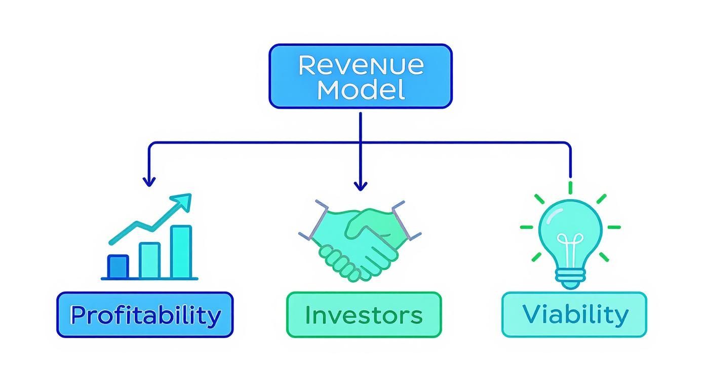 A diagram illustrating the Revenue Model and its key components: Profitability, Investors, and Viability.