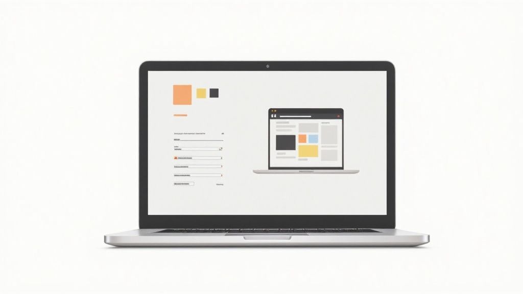 A clean and professional startup pitch deck template being designed on a computer screen