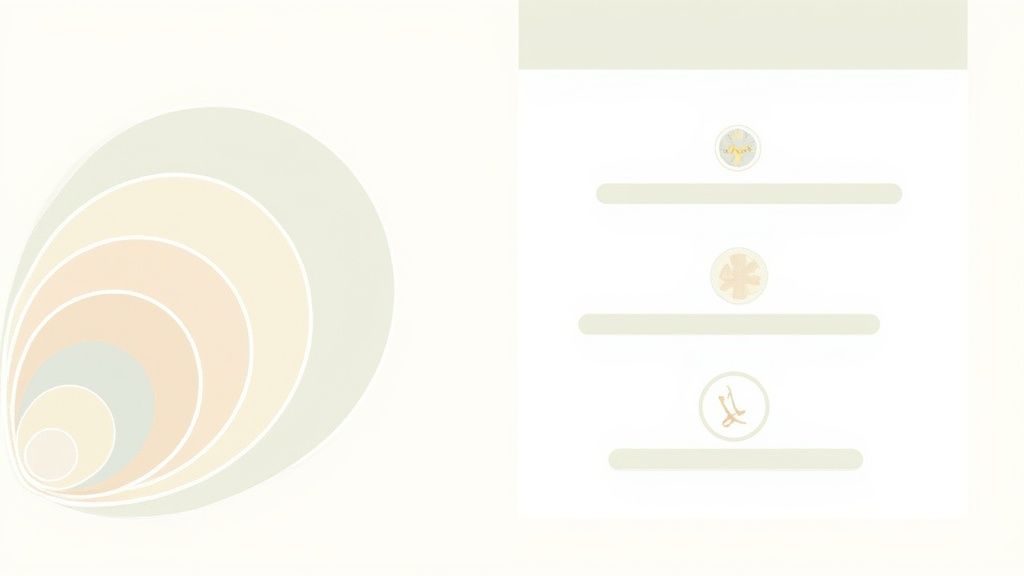 Abstract diagram featuring concentric oval layers on the left and a list of three icon-based items on the right.