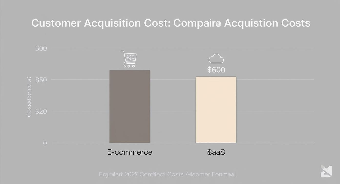 A bar chart comparing the Customer Acquisition Cost for E-commerce at $27 and SaaS at $600.