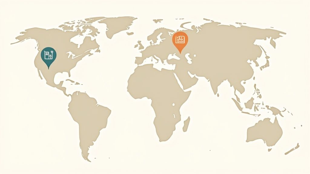 A world map with interconnected nodes, symbolizing global go-to-market strategies