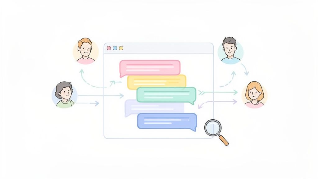 Illustration of multiple people communicating through a chat interface, with messages and a magnifying glass for analysis.