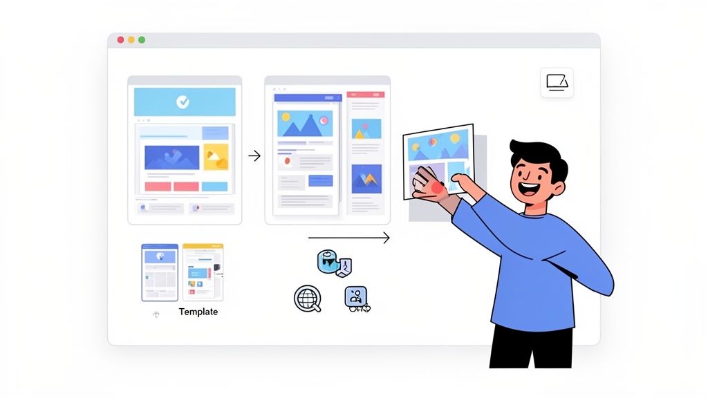A smiling cartoon man interacts with web layouts and templates, illustrating a website building process.