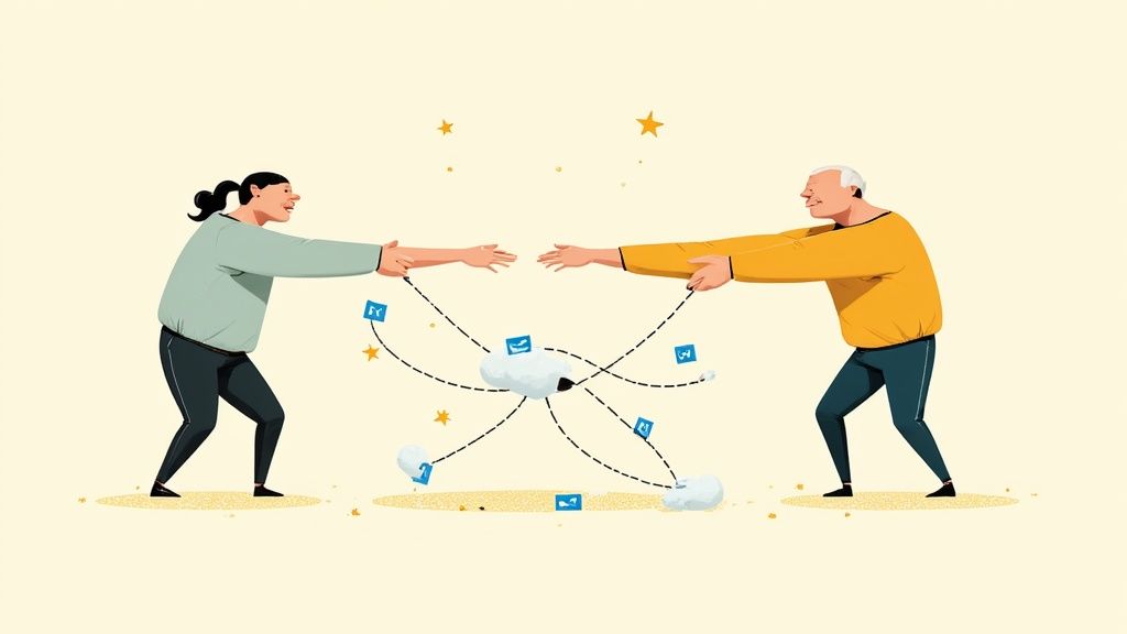 A person networking and shaking hands in a modern office setting, representing building connections with investors.