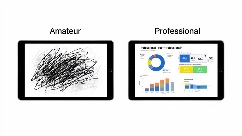 Two tablets contrasting amateur scribbles with a professional, data-rich business dashboard.