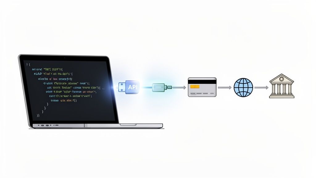 An API connects a laptop's code to a credit card, a global network, and a bank, symbolizing online financial transactions.