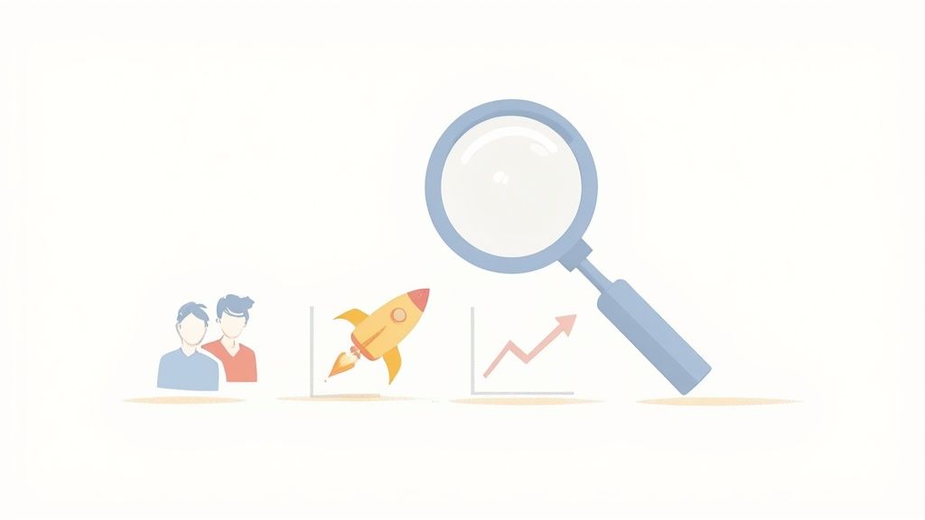 Magnifying glass examining business growth metrics with team collaboration rocket launch and upward chart