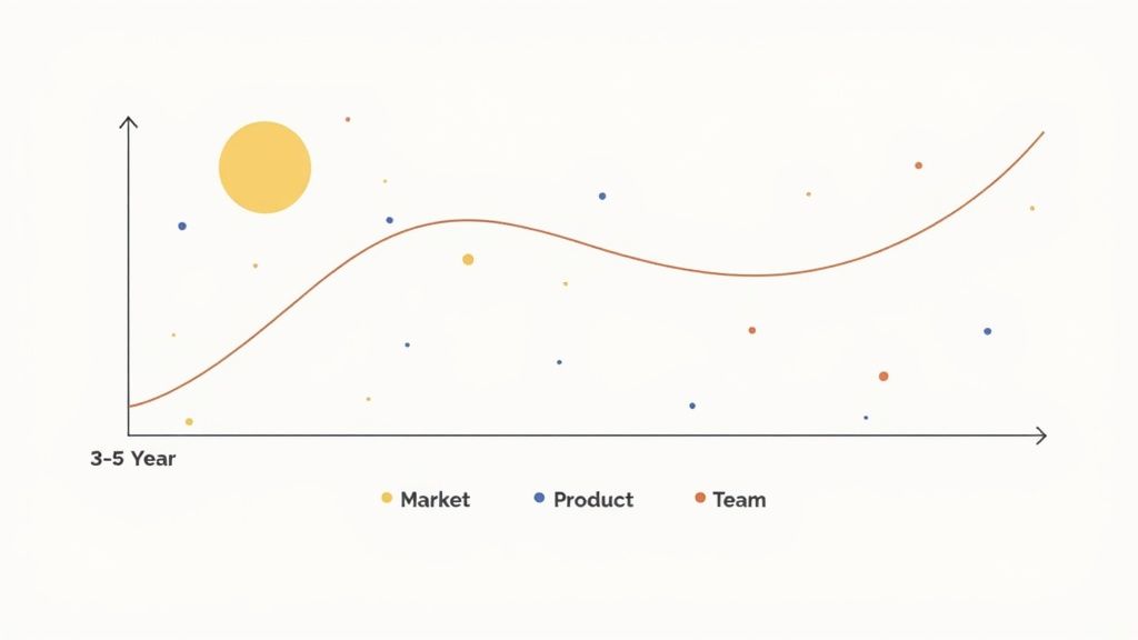 A line chart showing market, product, and team growth over a 3-5 year period.