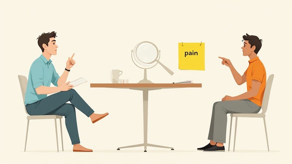 Illustration of two men analyzing a "pain point" written on a yellow sticky note during a meeting.