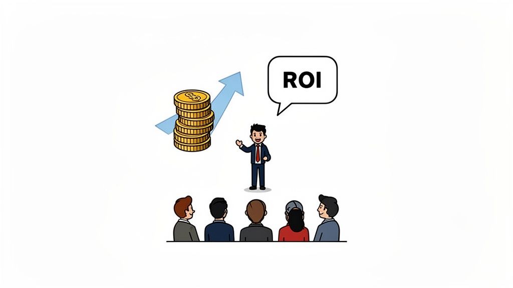 A businessman presents to an audience about increasing return on investment and financial growth.