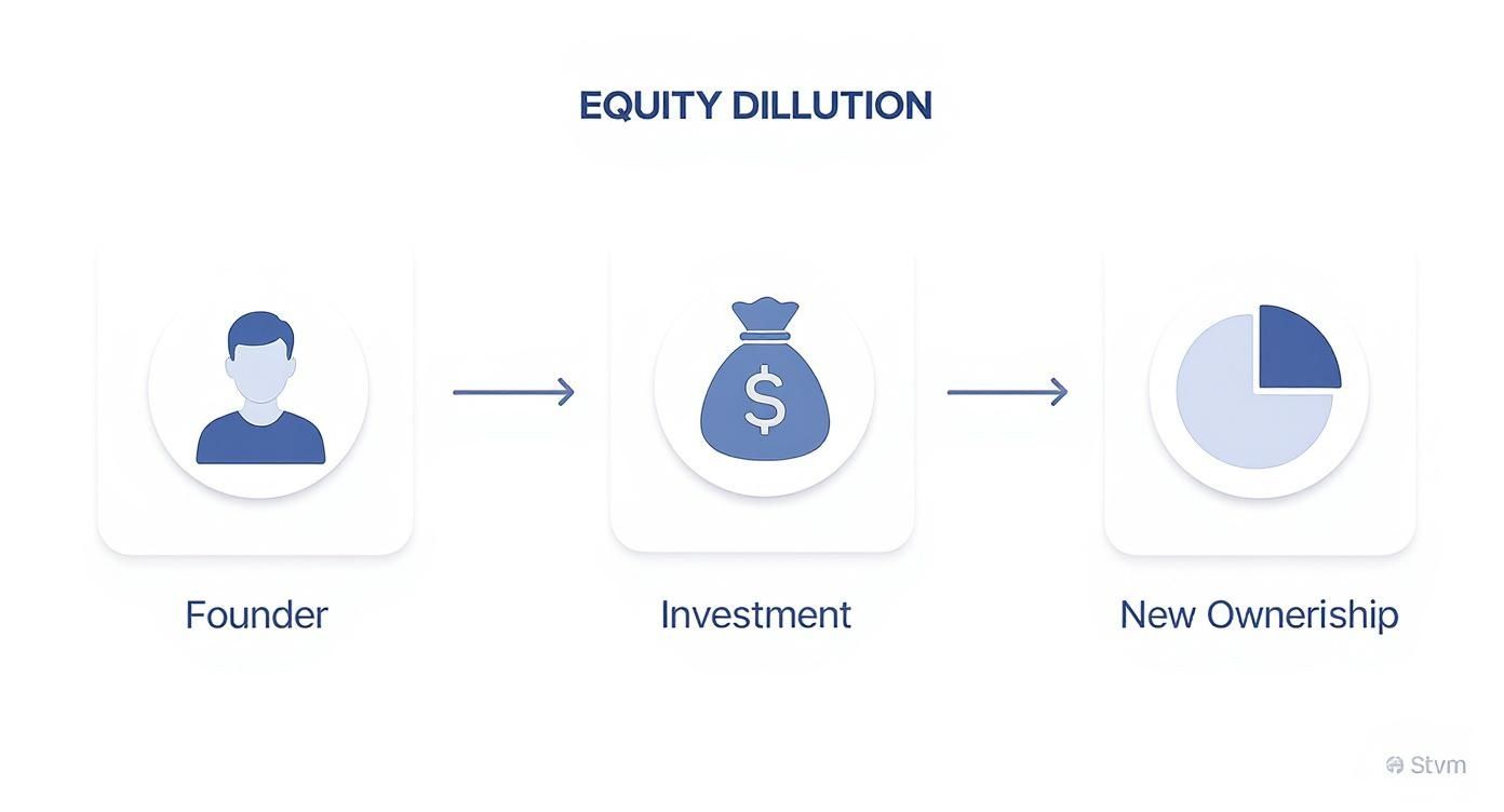 Diagram illustrating equity dilution: a founder's stake is reduced after investment, creating new ownership.