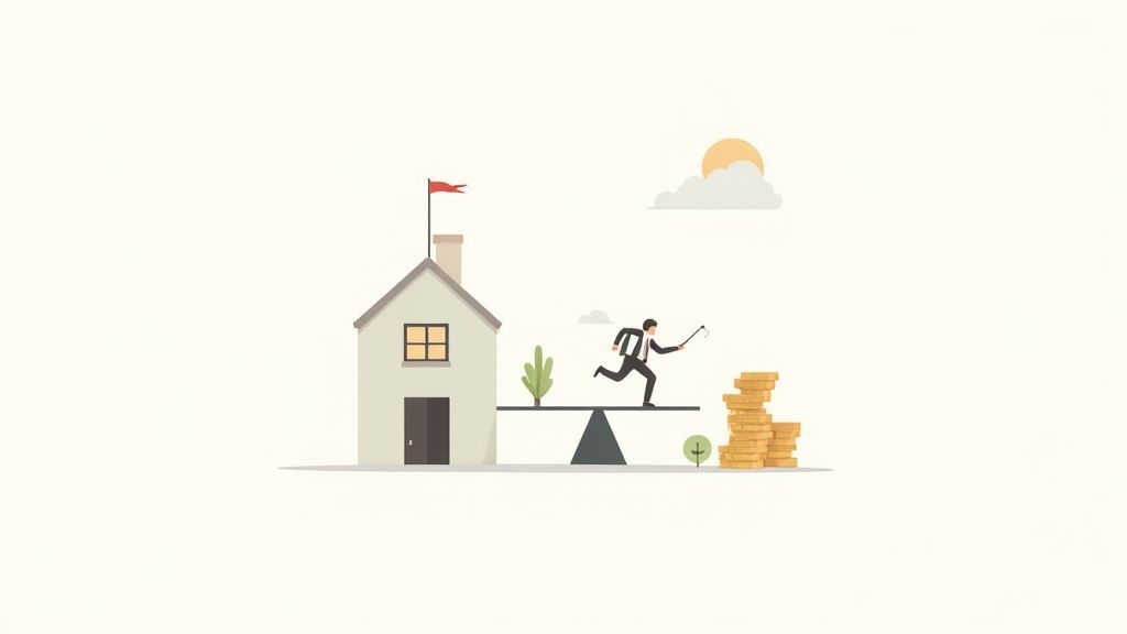 Businessman balancing between house property and money stack representing pre money valuation concept