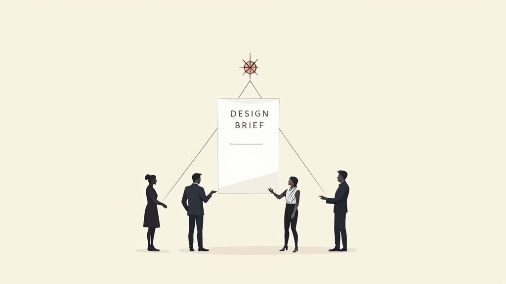 A team collaborating around a table with design mockups