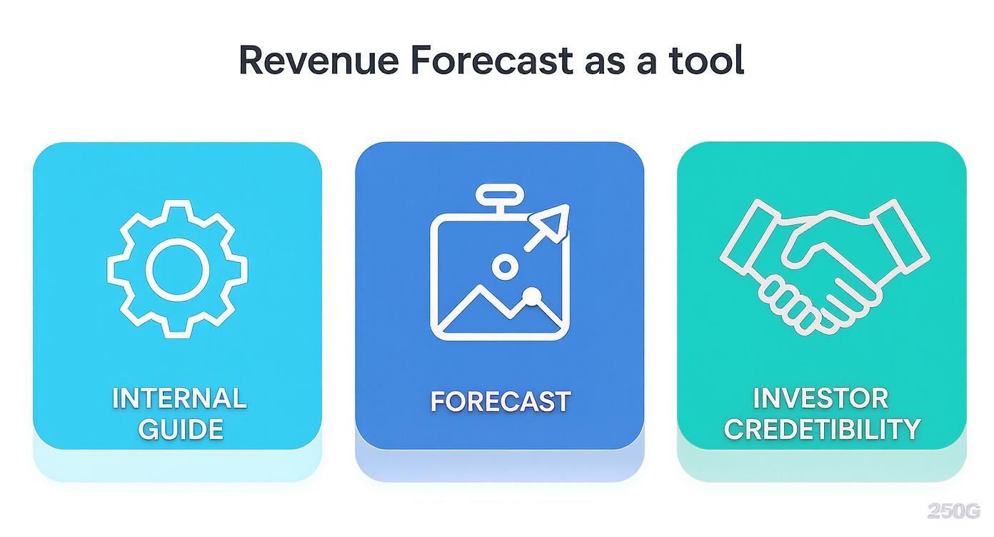 Visual explanation showing revenue forecasting as a tool for internal guidance, general forecasting, and investor credibility.