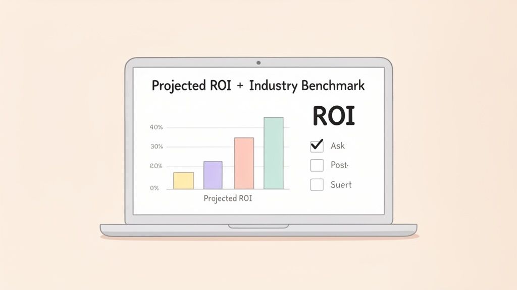 A laptop screen displaying a bar chart of projected ROI and industry benchmarks, alongside an ROI checklist.