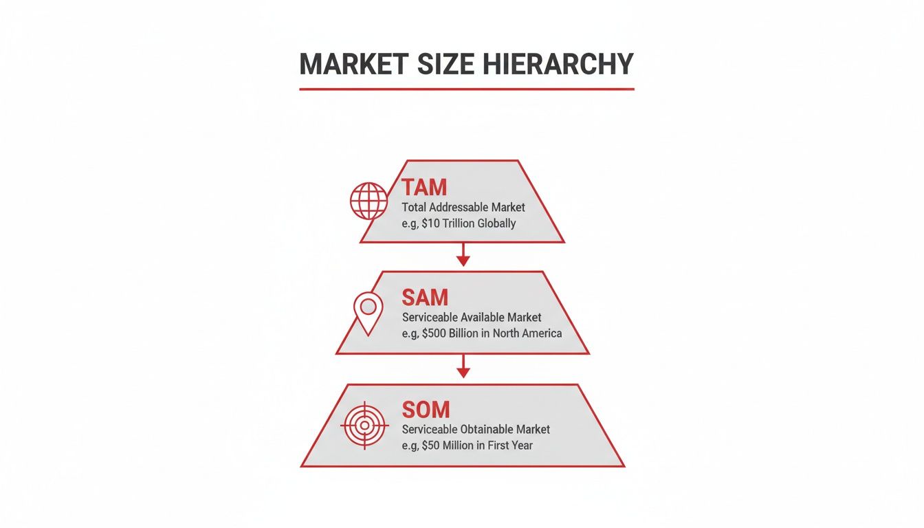 A market size hierarchy diagram illustrating Total Addressable Market (TAM), Serviceable Available Market (SAM), and Serviceable Obtainable Market (SOM).