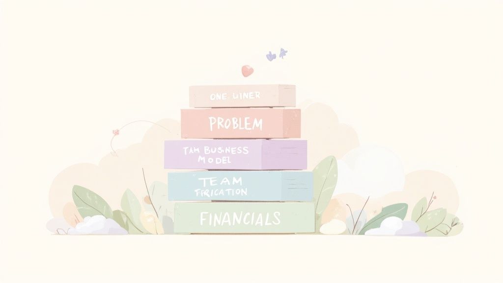 A stack of five pastel blocks outlining key sections of a business pitch, including problem and financials.