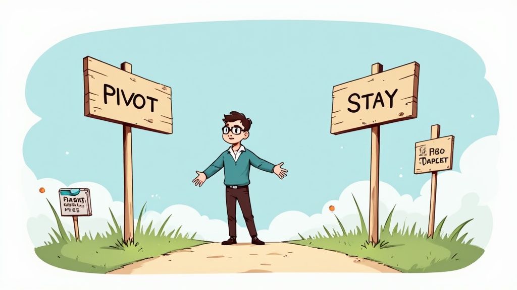 A person stands at a crossroads, contemplating a business decision between pivoting or staying.