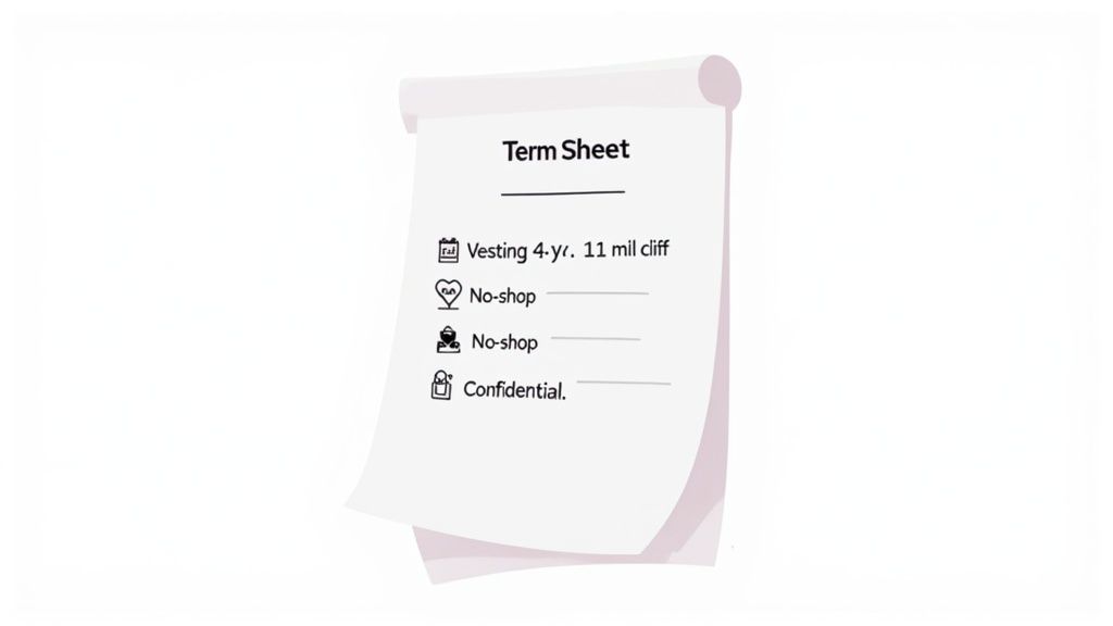 Founder reviewing the fine print of a term sheet with a magnifying glass
