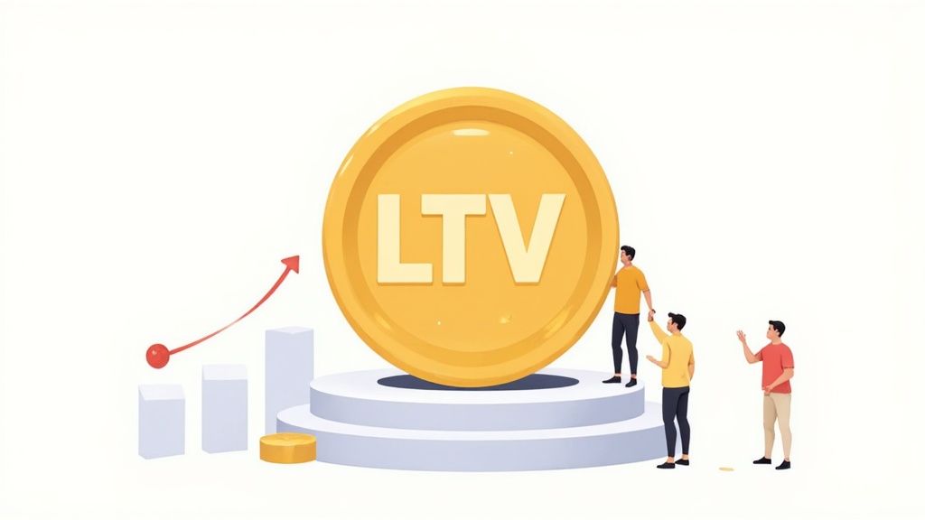 Large golden LTV coin on pedestal with people, growth chart, representing lifetime value calculation concept