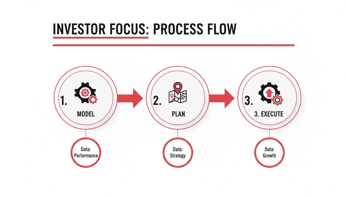 An investor focus process flow diagram showing steps: Model (Performance), Plan (Strategy), and Execute (Growth).