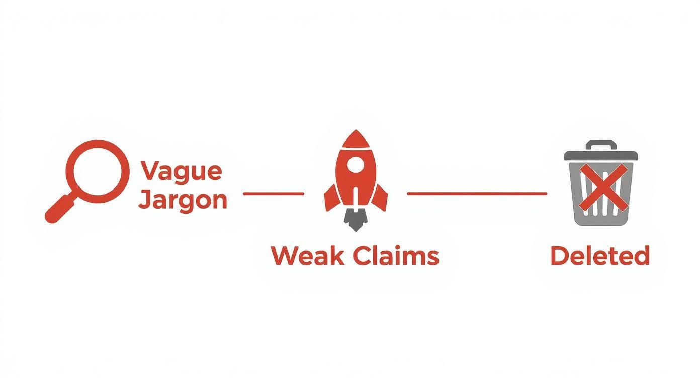 Diagram showing vague jargon leading to weak claims and ultimate deletion, emphasizing clarity in writing.