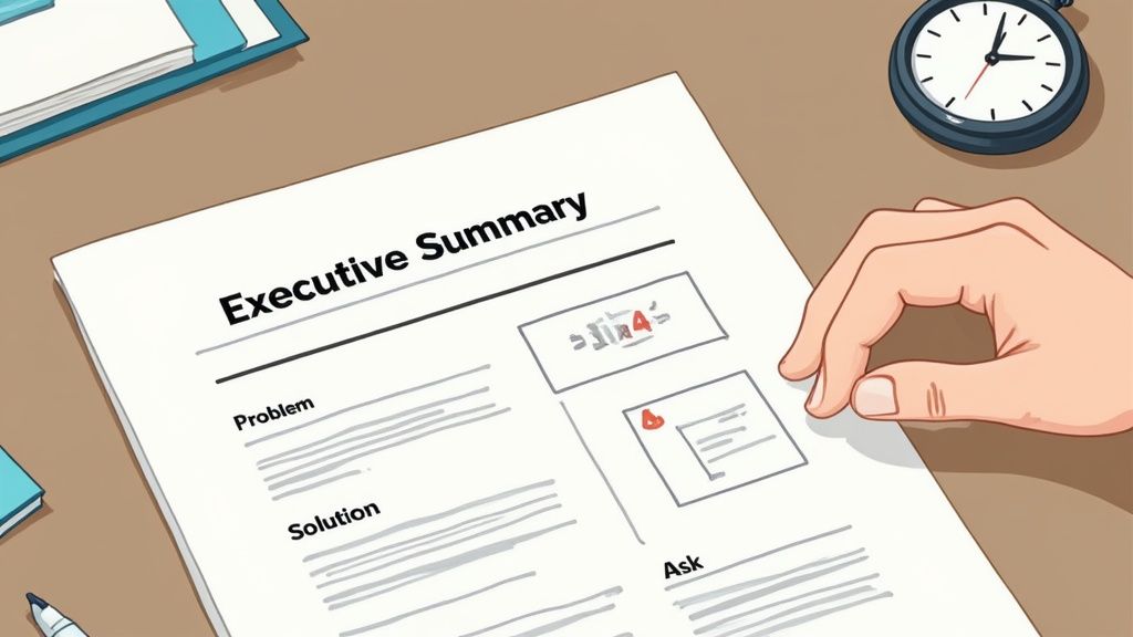 A hand reviews an 'Executive Summary' document with sections for problem, solution, and ask, next to a stopwatch.
