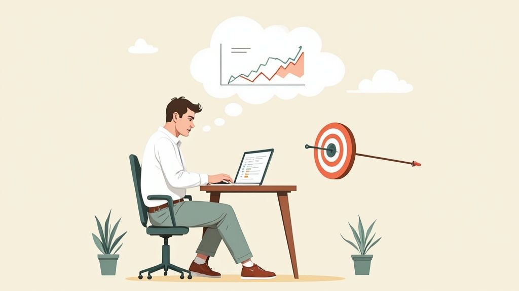 Man working on laptop, visualizing market growth with a graph, aiming for business targets.